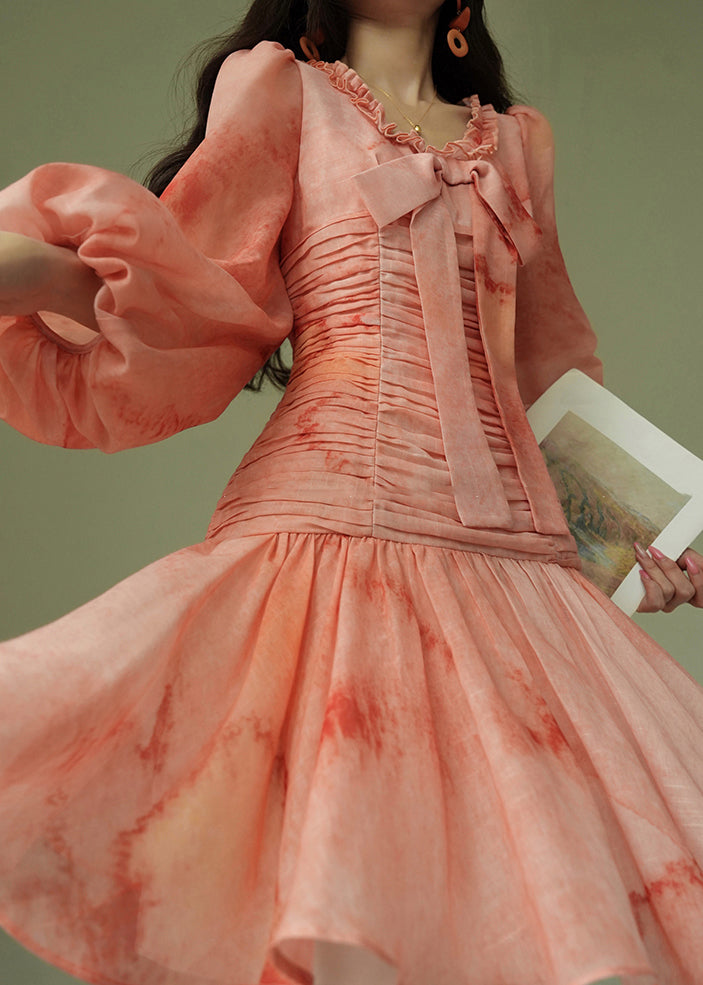 Italian Tie Dye Ruffled Wrinkled Bow Cotton Dress Puff Sleeve