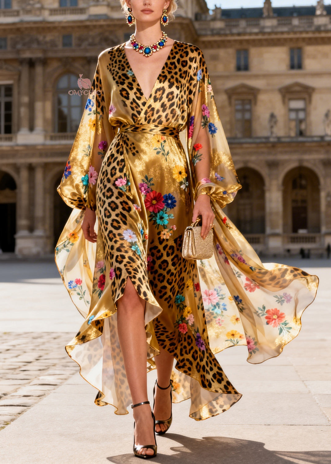 Italian V Neck Asymmetrical Design Print Silk Long Dress Summer