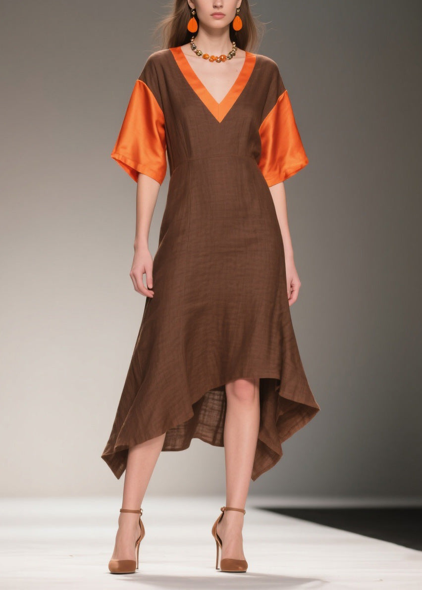 Italian V Neck Asymmetrical Patchwork Linen Silk Dresses Summer