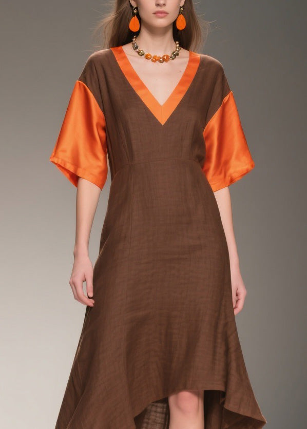 Italian V Neck Asymmetrical Patchwork Linen Silk Dresses Summer