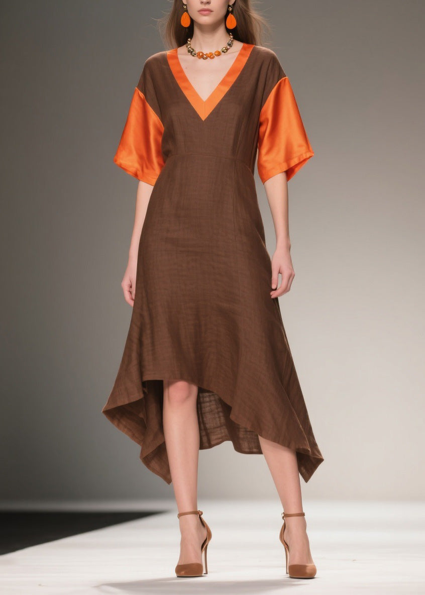 Italian V Neck Asymmetrical Patchwork Linen Silk Dresses Summer