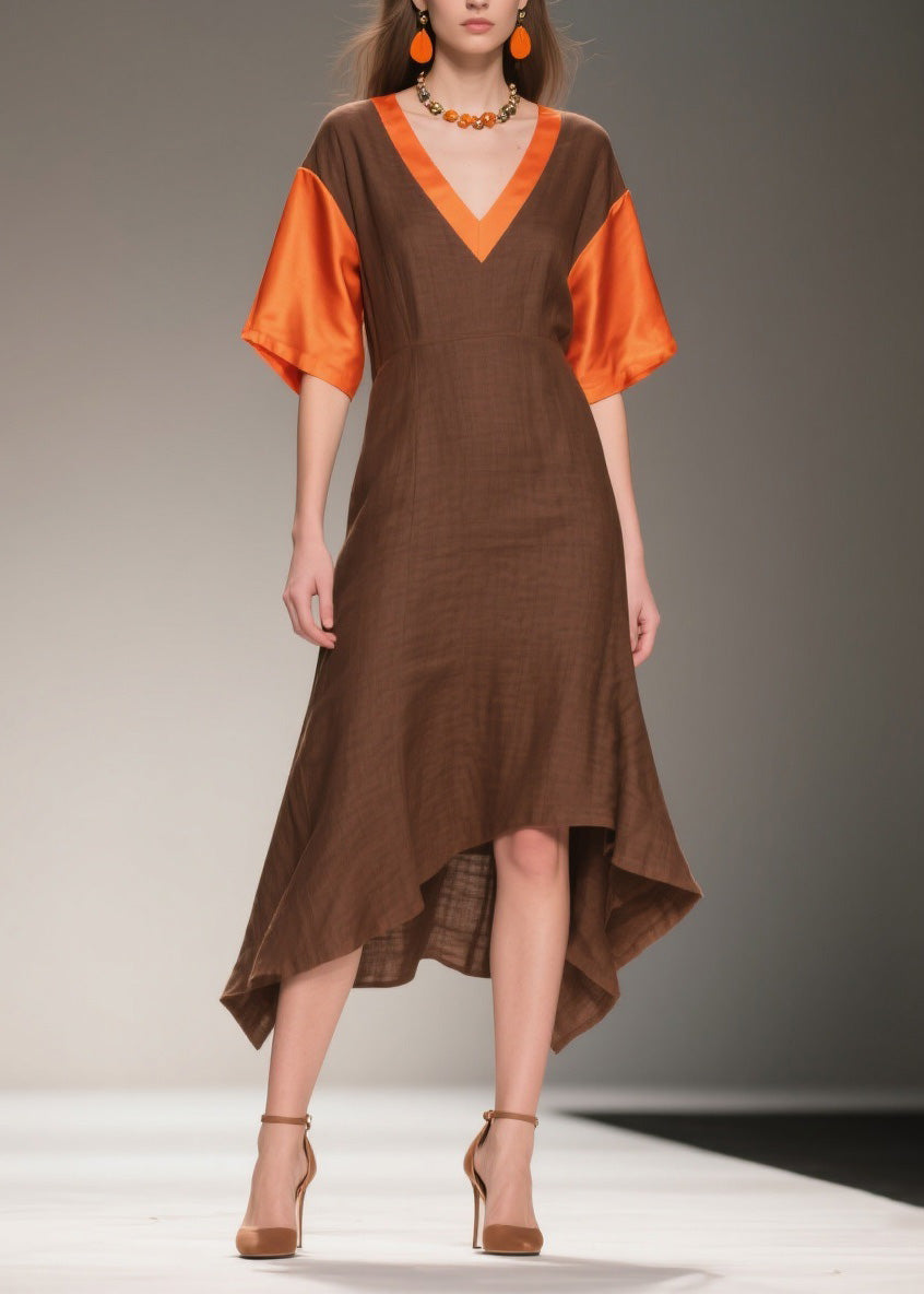 Italian V Neck Asymmetrical Patchwork Linen Silk Dresses Summer