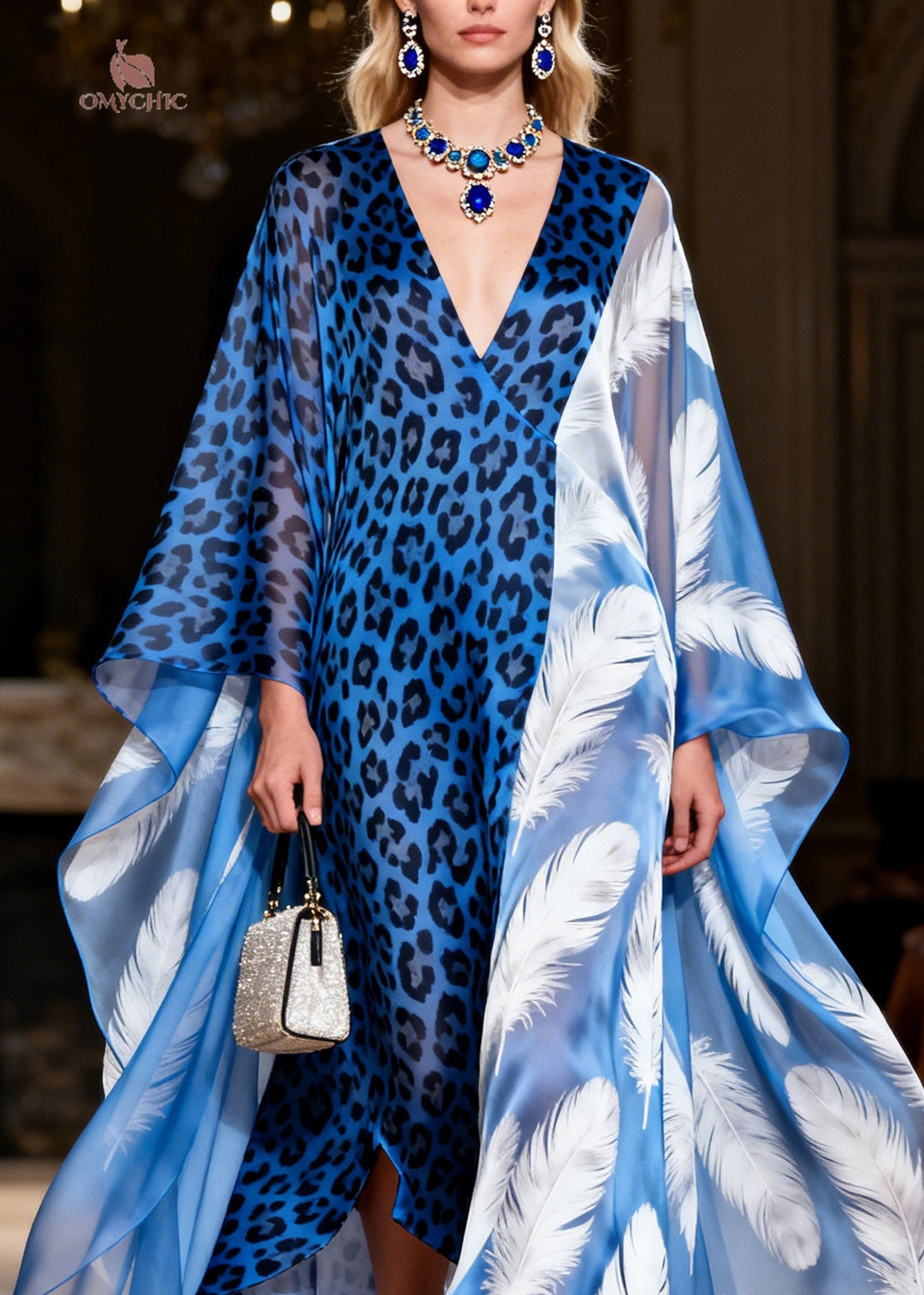 Italian V Neck Leopard Feather Patchwork Chiffon Maxi Dresses Summer