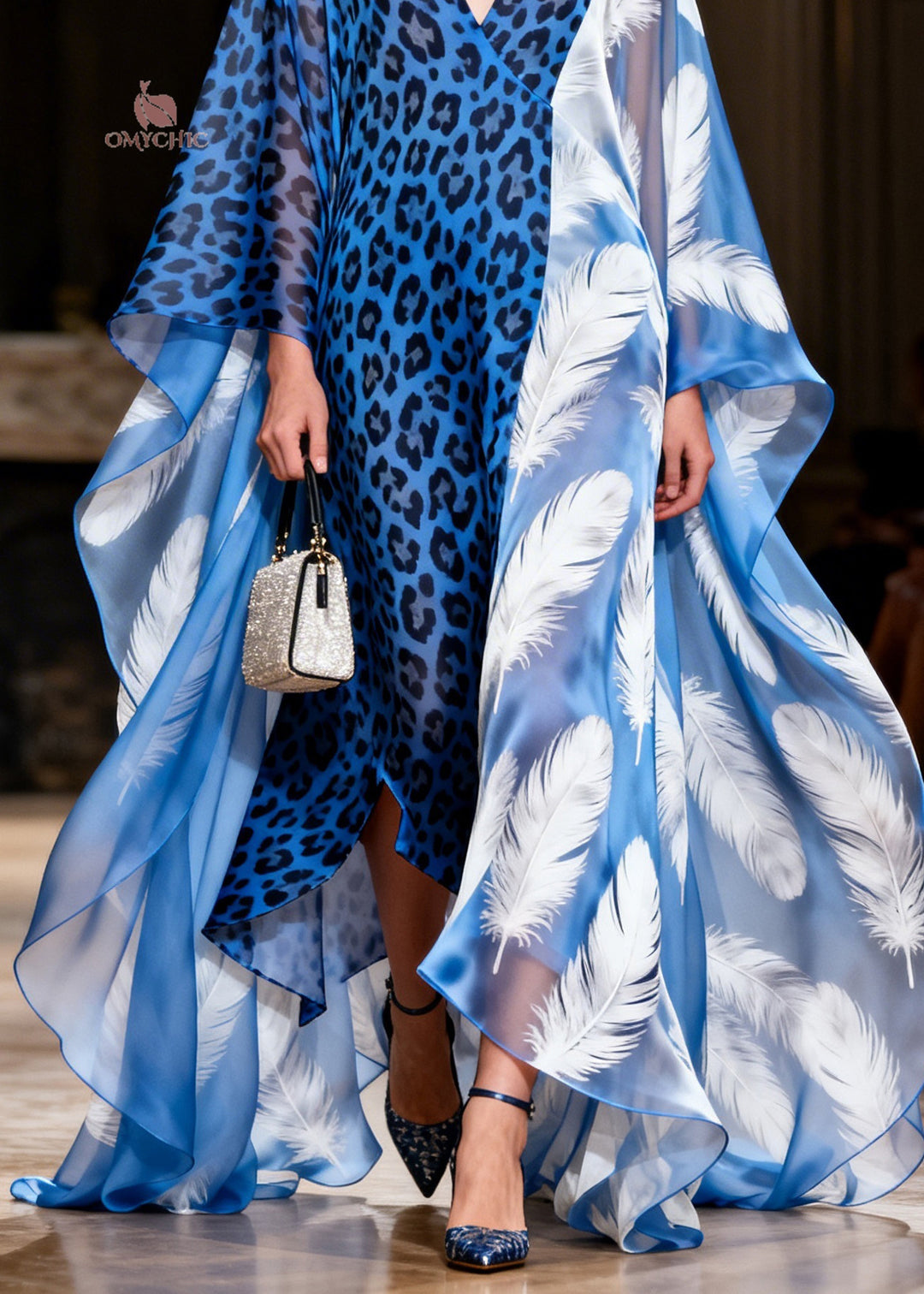 Italian V Neck Leopard Feather Patchwork Chiffon Maxi Dresses Summer