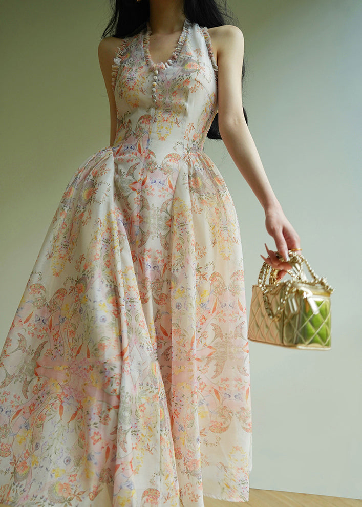 Italian V Neck Print Halter Slim Party Long Dress Summer