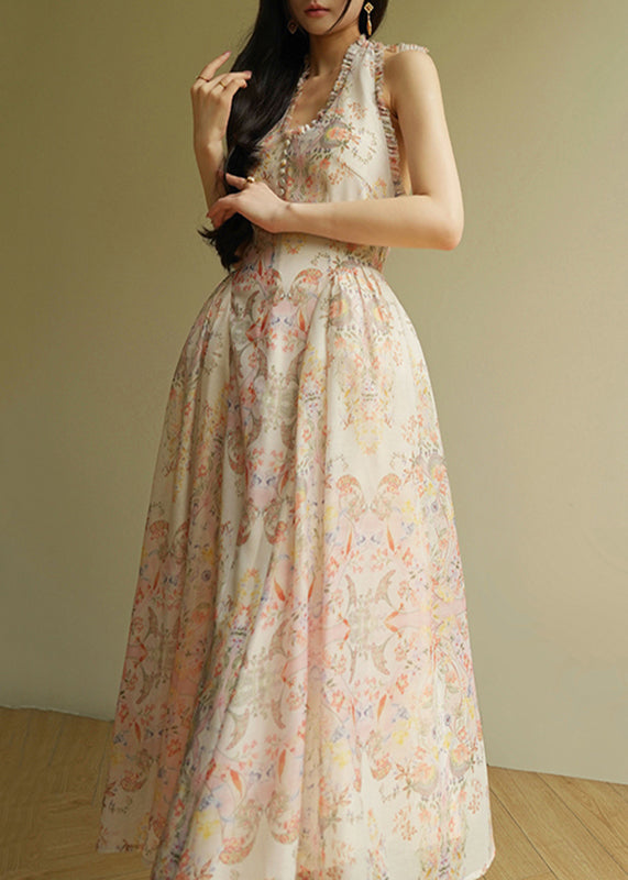 Italian V Neck Print Halter Slim Party Long Dress Summer