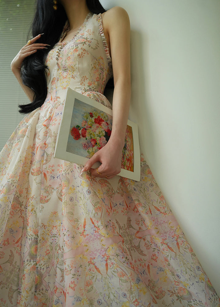 Italian V Neck Print Halter Slim Party Long Dress Summer