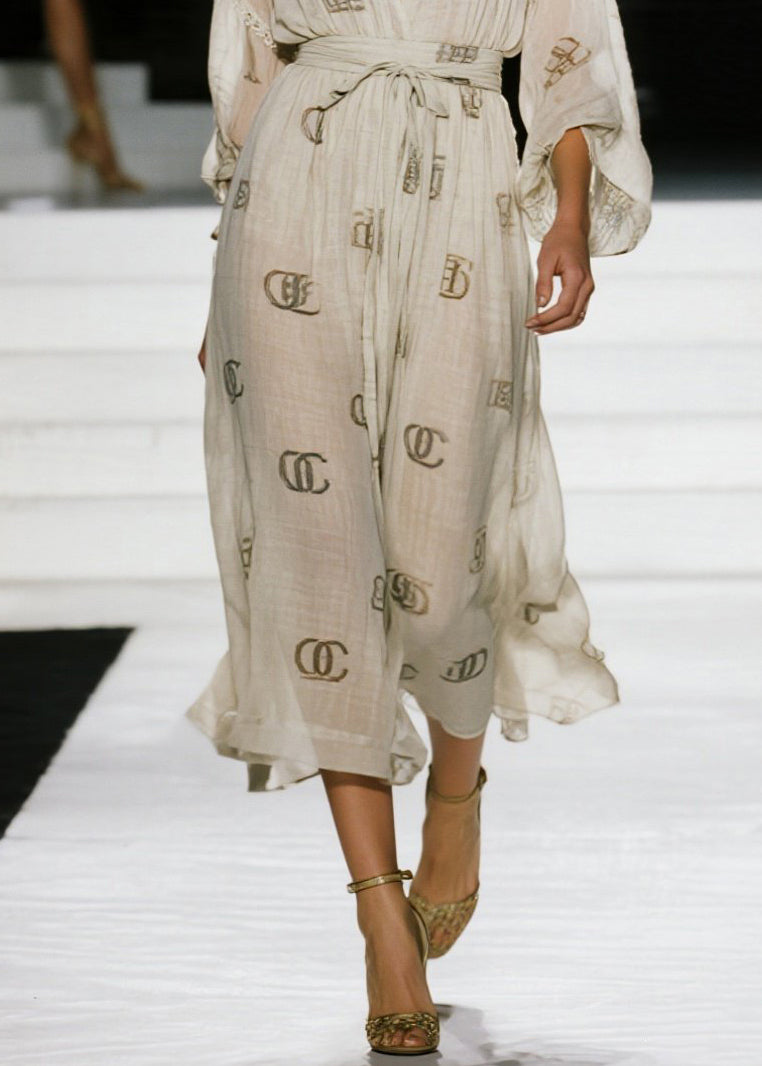 Italian V Neck Print Lace Up Cotton Dresses Fall