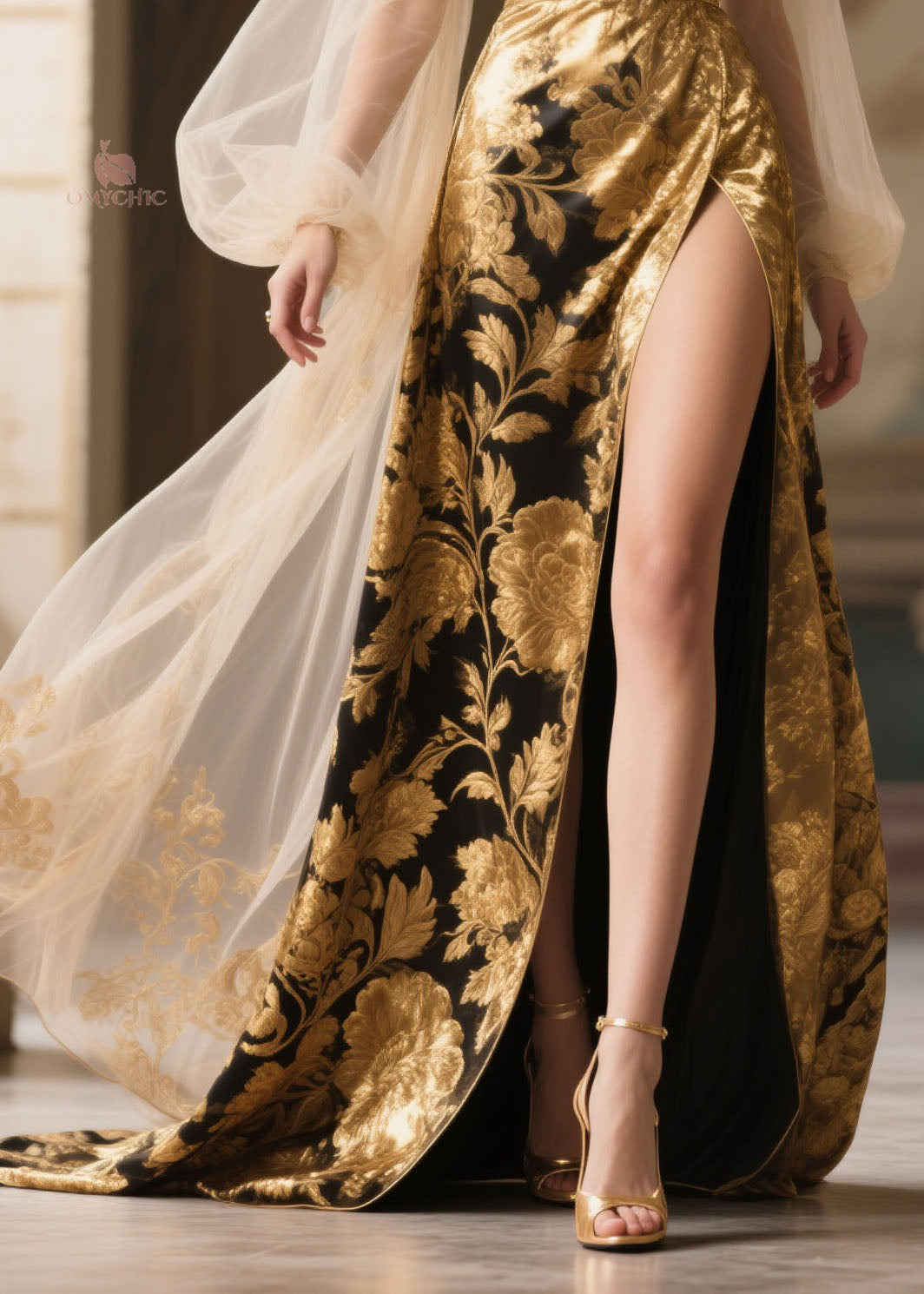 Italian V Neck Print Patchwork Side Open Silk Long Dress Spring
