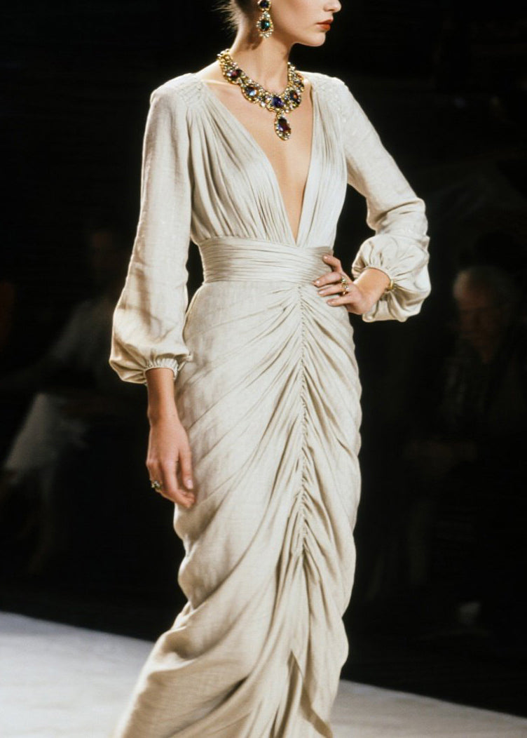 Italian V Neck Wrinkled Cotton Long Dress Fall