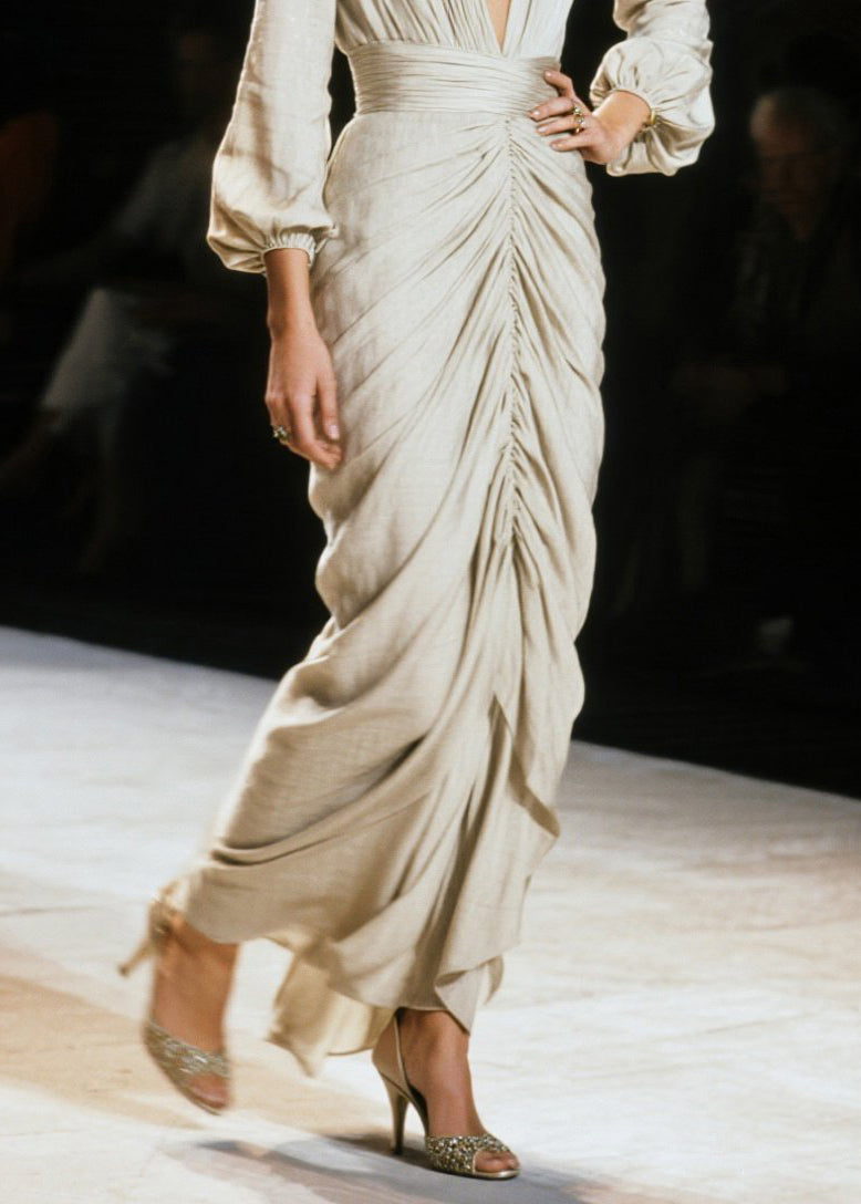 Italian V Neck Wrinkled Cotton Long Dress Fall