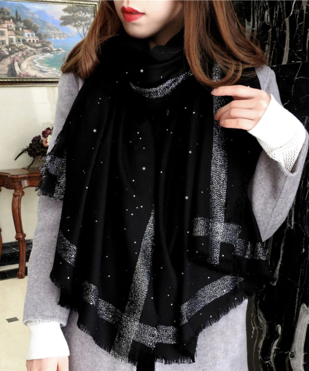 Italian Versatile Tasseled Sequins Woolen Scarf