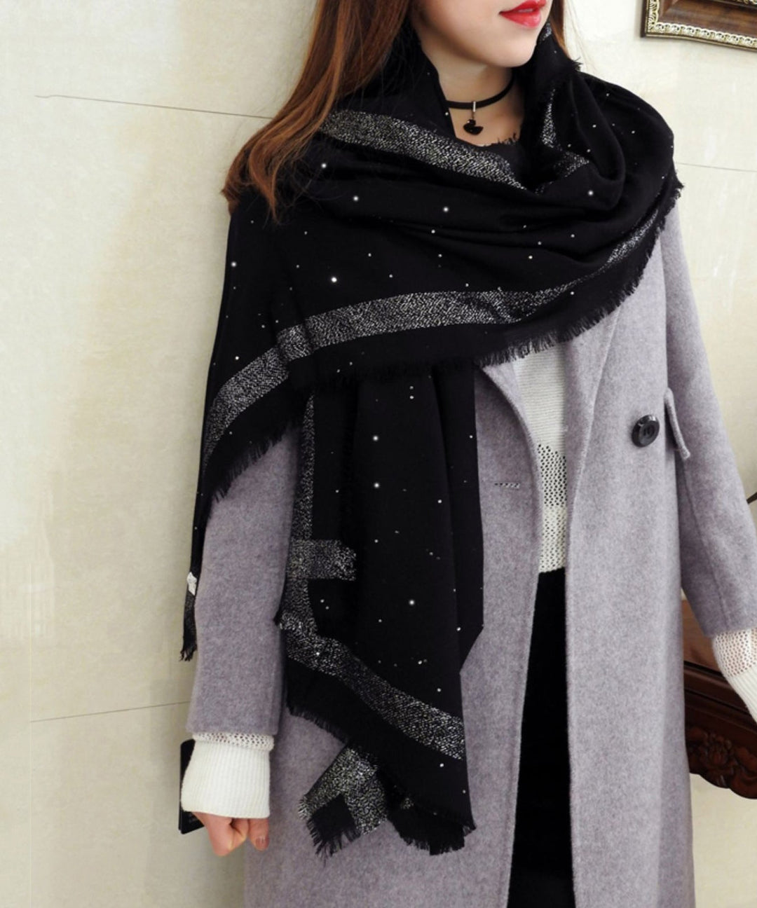 Italian Versatile Tasseled Sequins Woolen Scarf