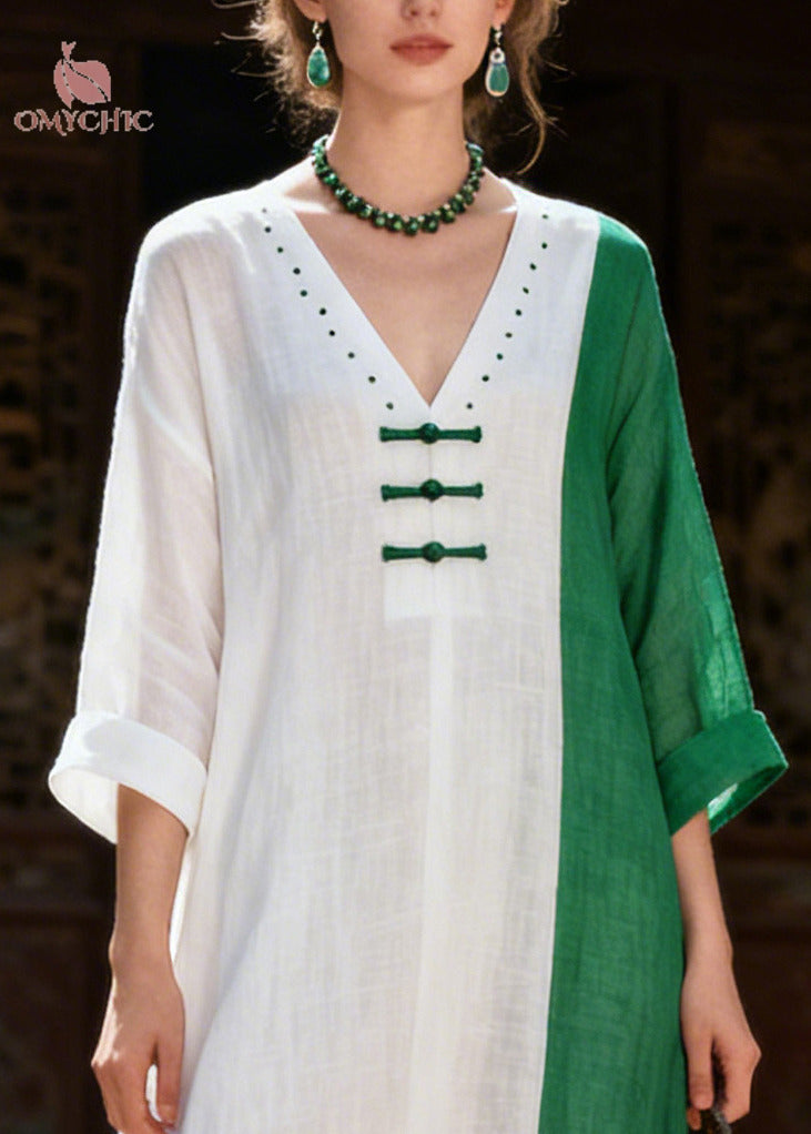 Italian White Asymmetrical Patchwork Chinese Button Cotton Dresses Summer