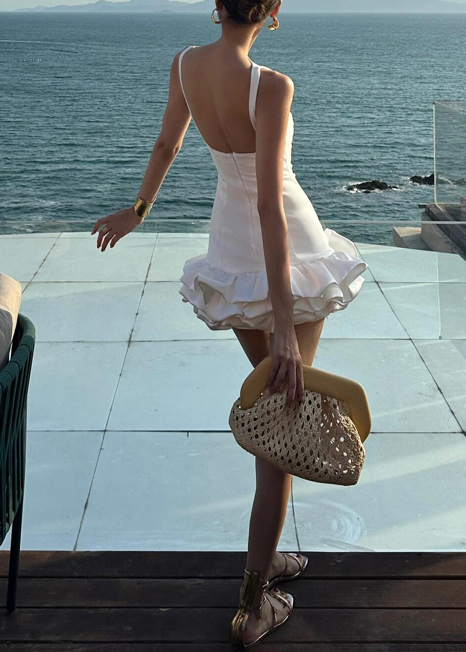 Italian White Backless Solid Cotton Party Dress Sleeveless