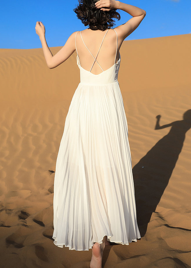 Italian White Backless Wrinkled Chiffon Spaghetti Strap Dress Sleeveless