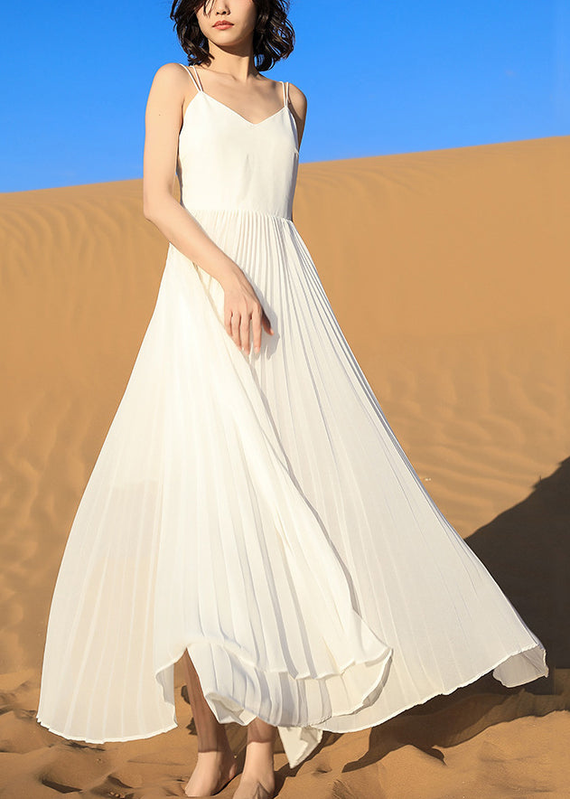 Italian White Backless Wrinkled Chiffon Spaghetti Strap Dress Sleeveless