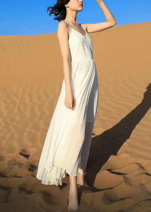 Italian White Backless Wrinkled Chiffon Spaghetti Strap Dress Sleeveless