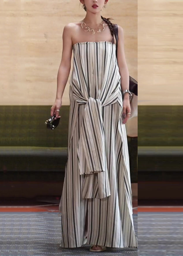 Italian White Cold Shoulder Striped Tie Waist Cotton Ankle Dress Sleeveless