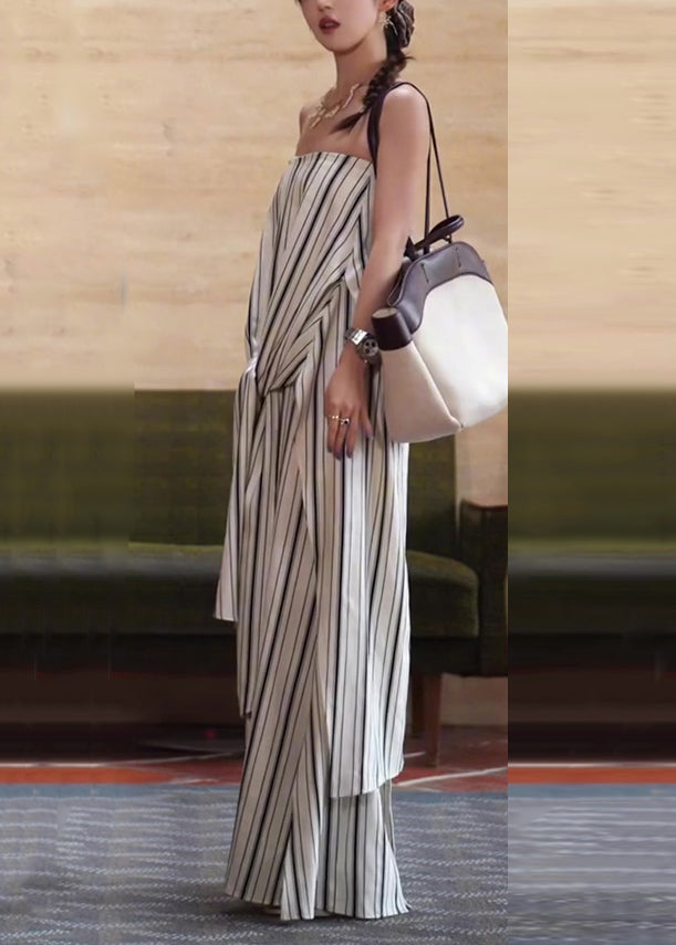 Italian White Cold Shoulder Striped Tie Waist Cotton Ankle Dress Sleeveless