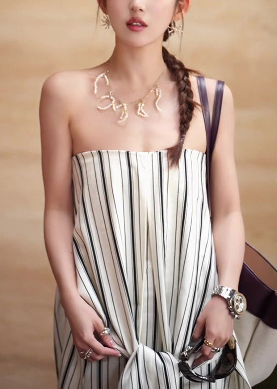 Italian White Cold Shoulder Striped Tie Waist Cotton Ankle Dress Sleeveless