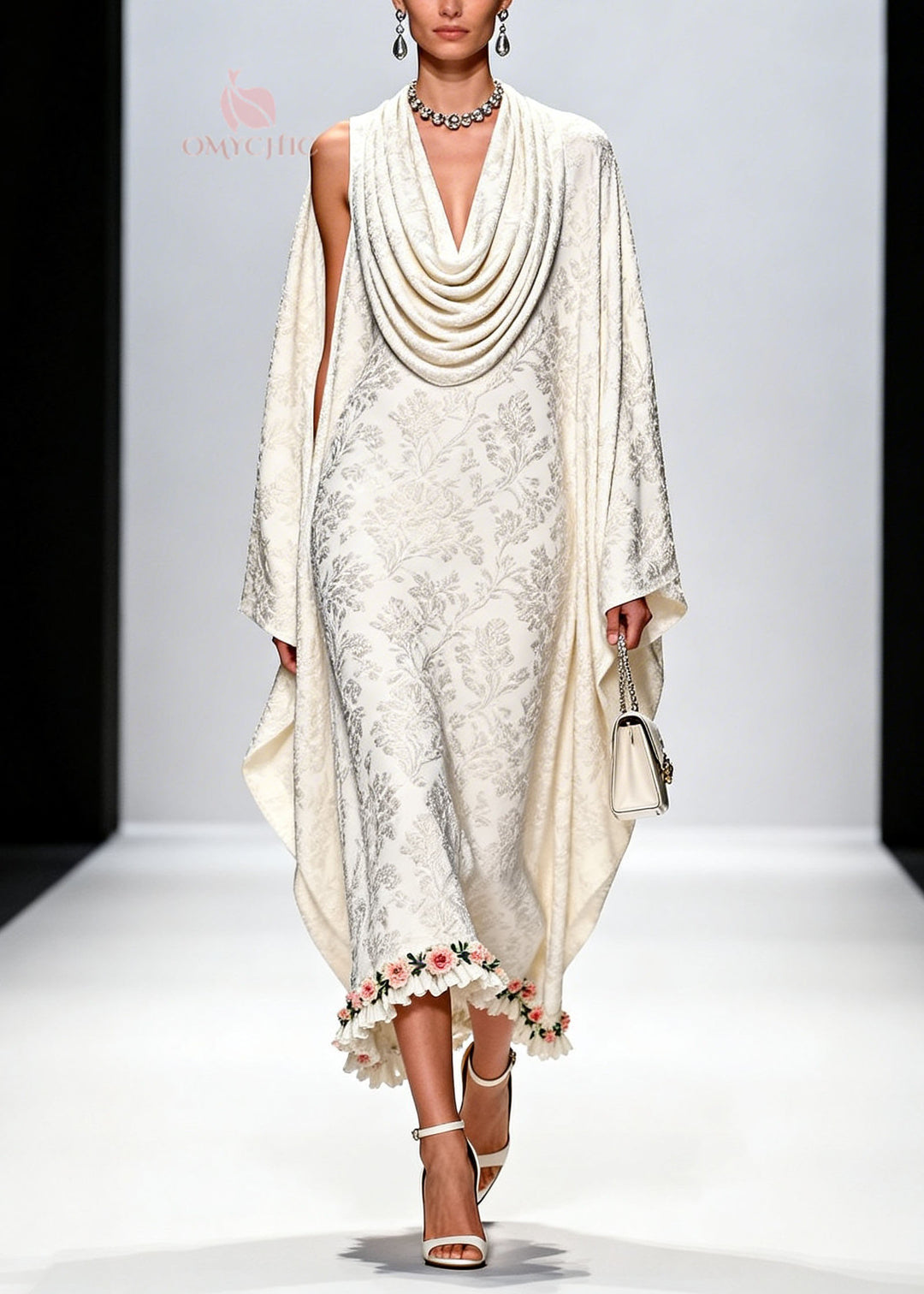 Italian White Draped Neckline Print Ruffled Floral Silk Dress Fall