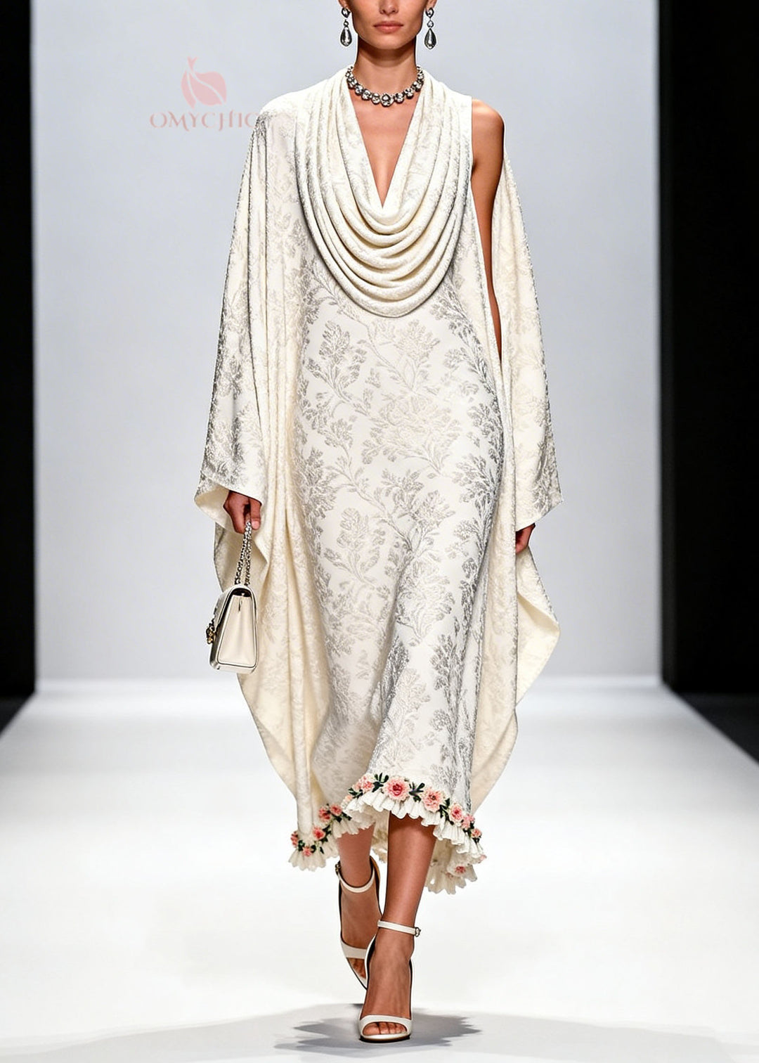 Italian White Draped Neckline Print Ruffled Floral Silk Dress Fall