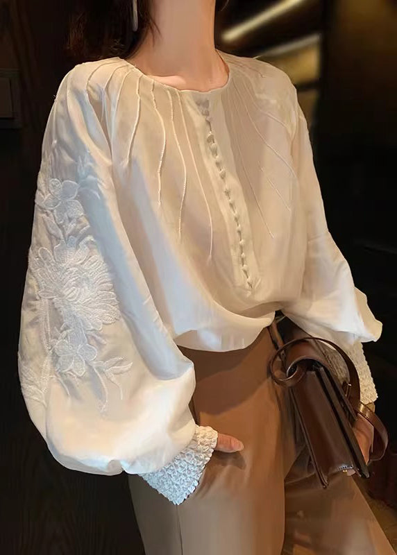 Italian White Embroidered Cotton Loose Shirt Lantern Sleeve - Omychic