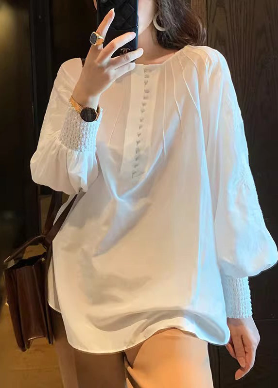 Italian White Embroidered Cotton Loose Shirt Lantern Sleeve - Omychic