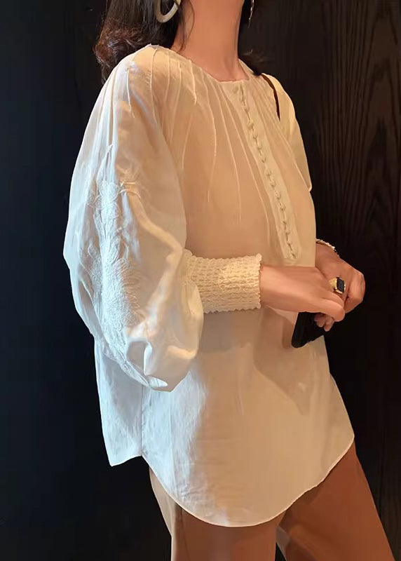 Italian White Embroidered Cotton Loose Shirt Lantern Sleeve - Omychic
