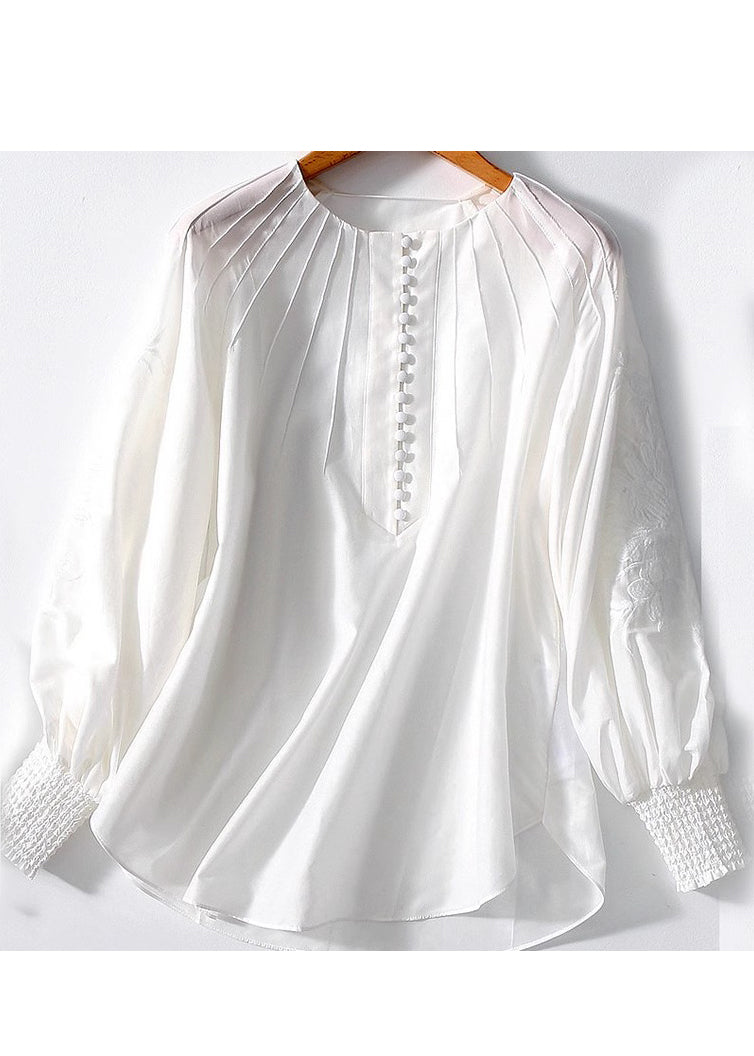 Italian White Embroidered Cotton Loose Shirt Lantern Sleeve - Omychic