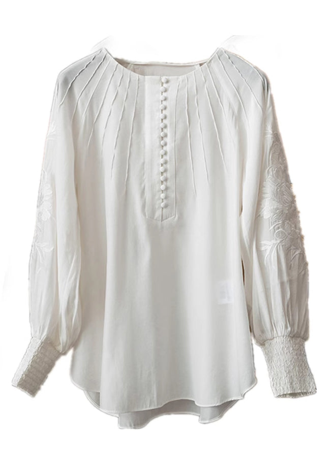Italian White Embroidered Cotton Loose Shirt Lantern Sleeve - Omychic