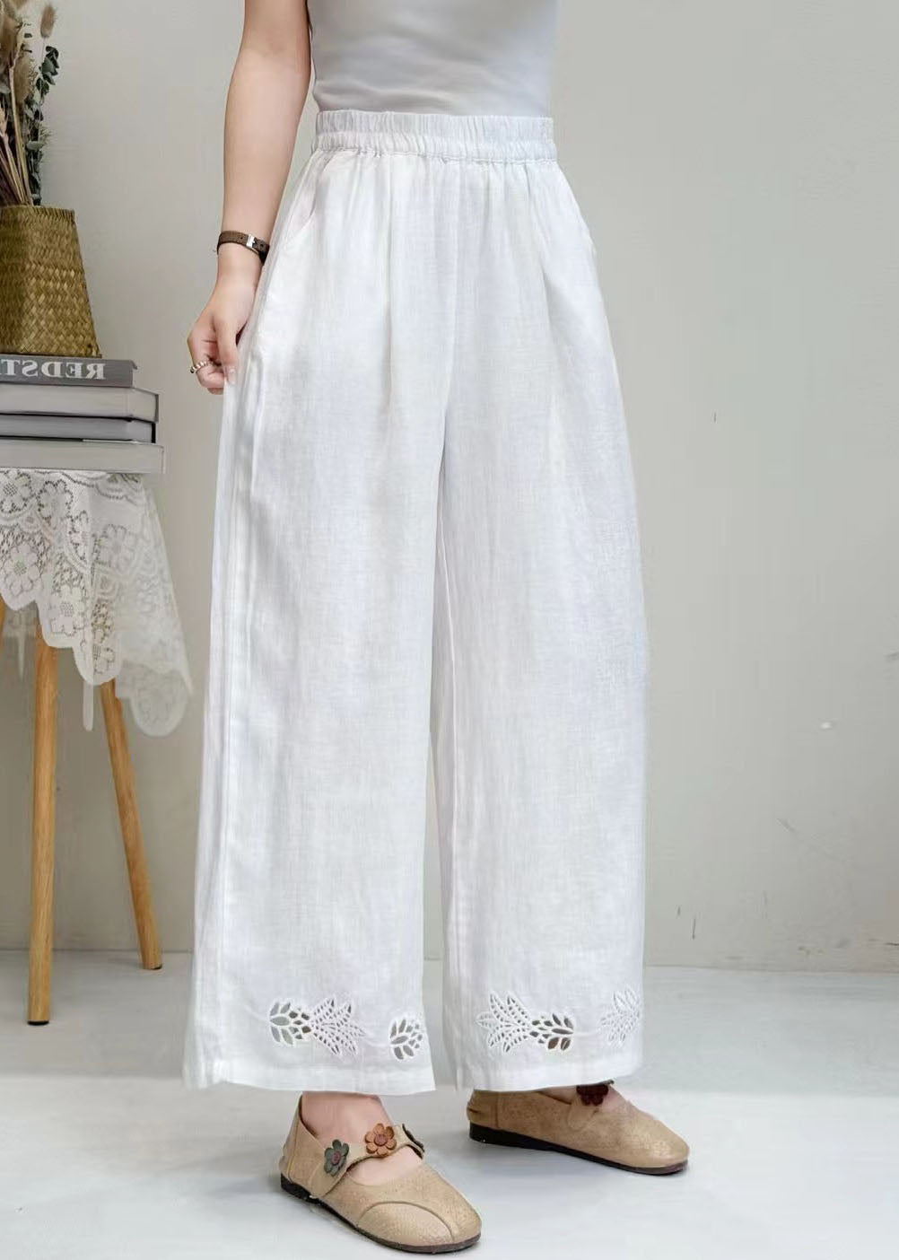 Italian White Embroidered Hollow Out Linen Wide Leg Pants Summer