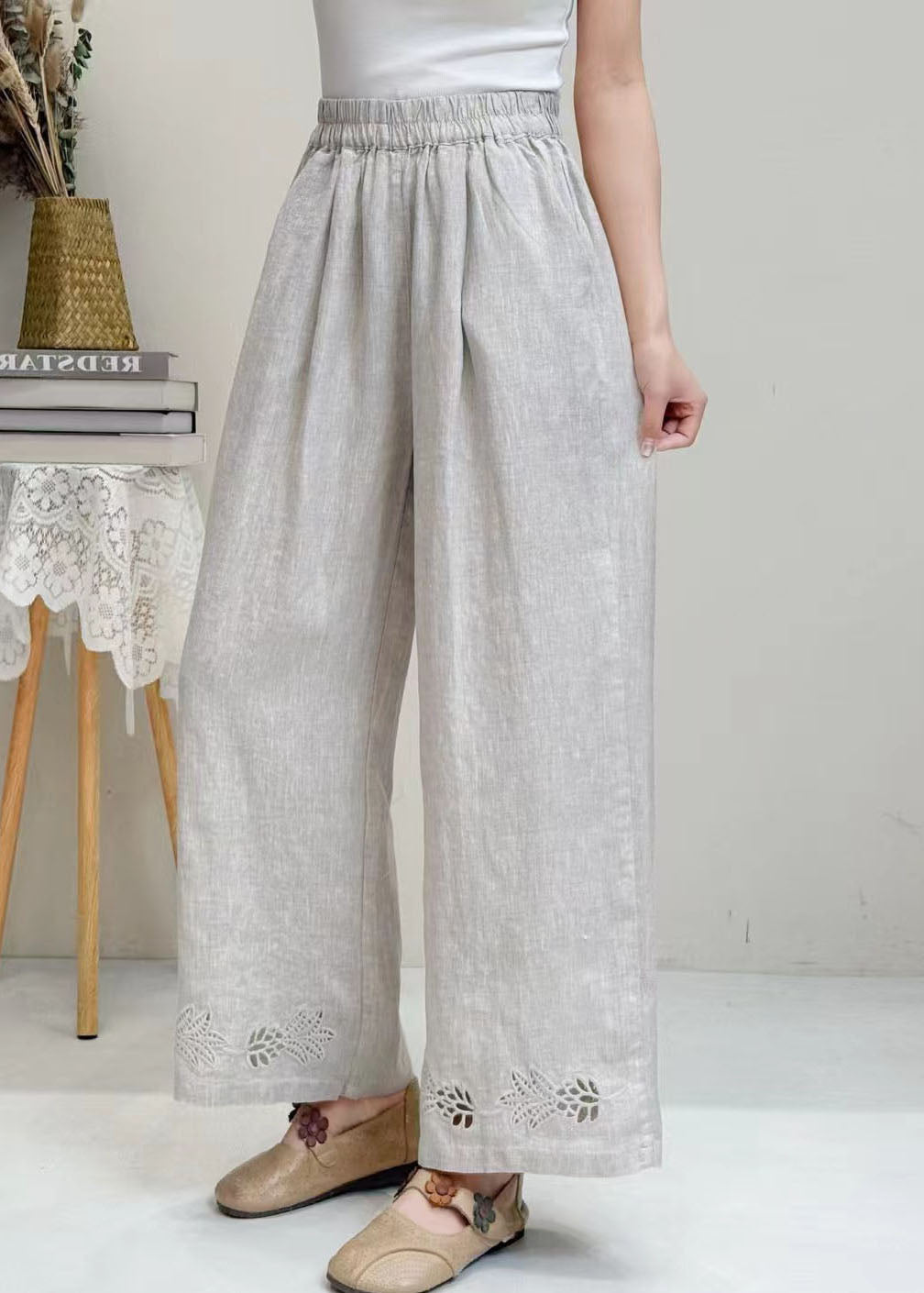 Italian White Embroidered Hollow Out Linen Wide Leg Pants Summer