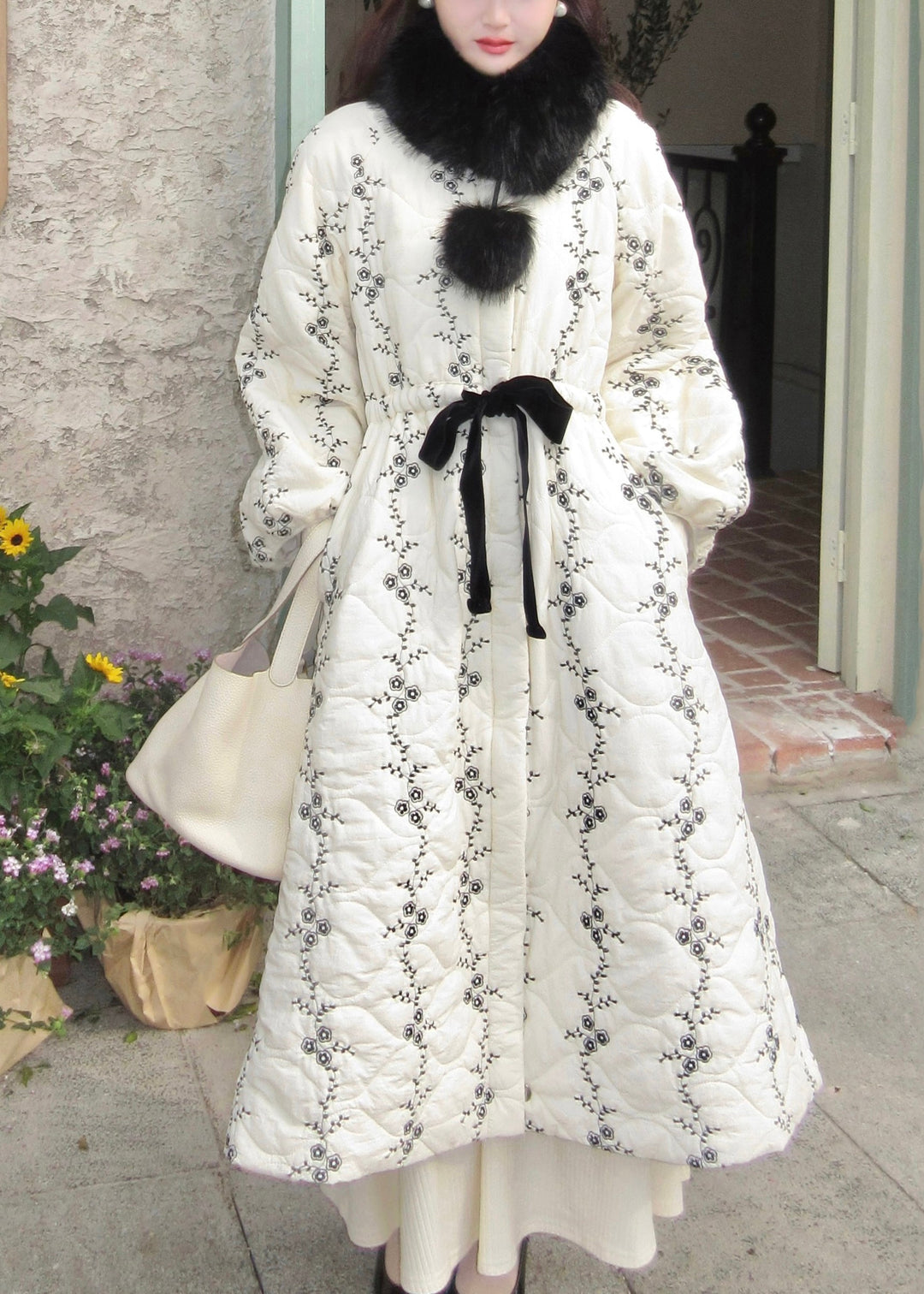 Italian White Fur Collar Pockets Tie Waist Cotton Filled Long Parkas Winter