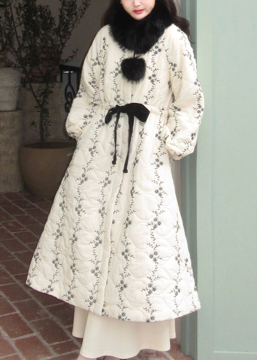 Italian White Fur Collar Pockets Tie Waist Cotton Filled Long Parkas Winter