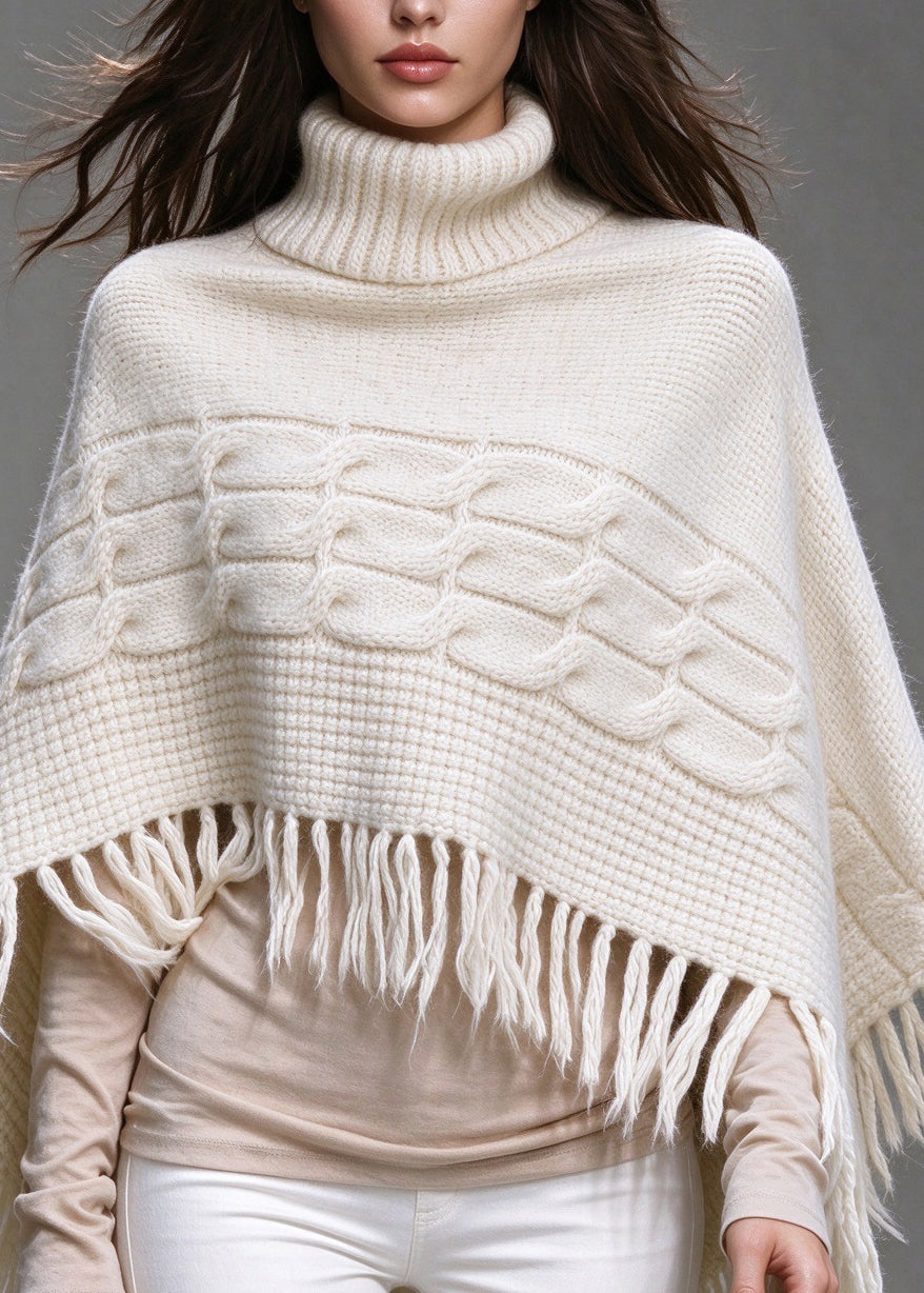 Italian White Hign Neck Tassel Thick Knit Short Sweater Cape Fall