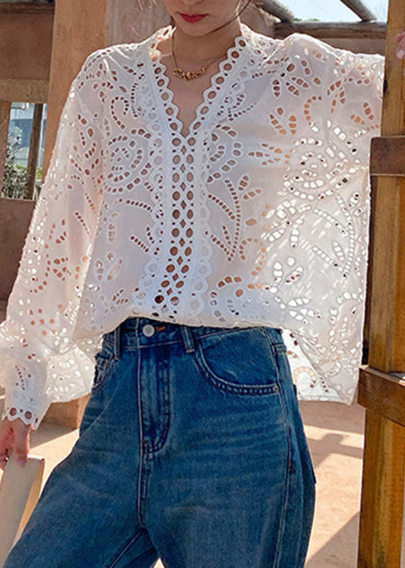Italian White Hollow Out Cotton Shirts Spring