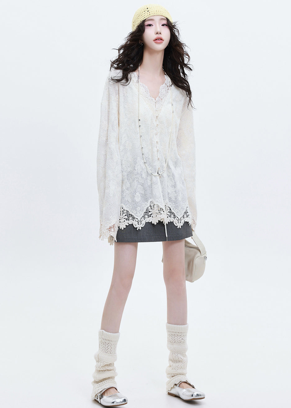 Italian White Jacquard Patchwork Lace Shirts Spring