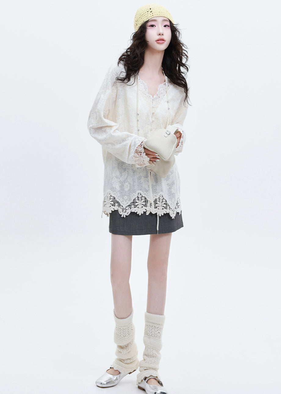 Italian White Jacquard Patchwork Lace Shirts Spring