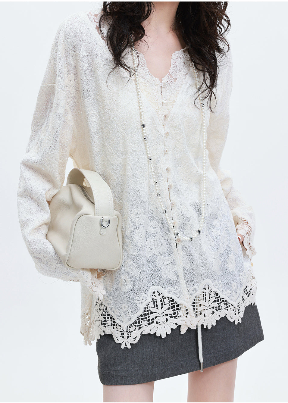 Italian White Jacquard Patchwork Lace Shirts Spring