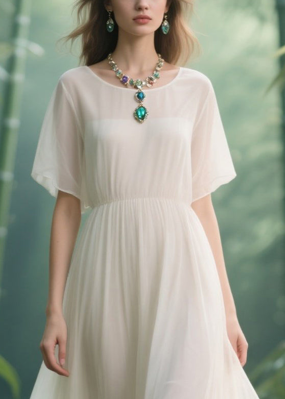 Italian White Lace Patchwork Draping Chiffon Vacation Dresses Summer