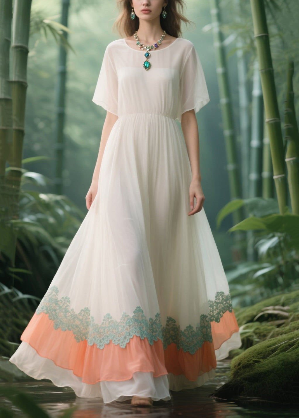 Italian White Lace Patchwork Draping Chiffon Vacation Dresses Summer