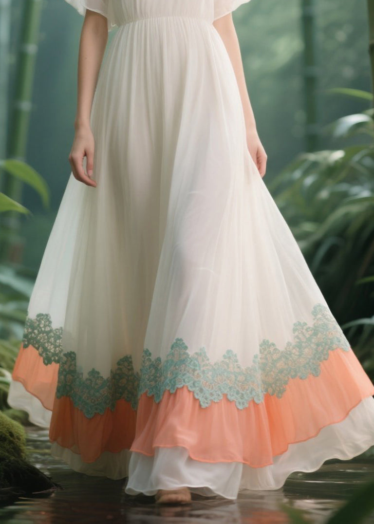 Italian White Lace Patchwork Draping Chiffon Vacation Dresses Summer