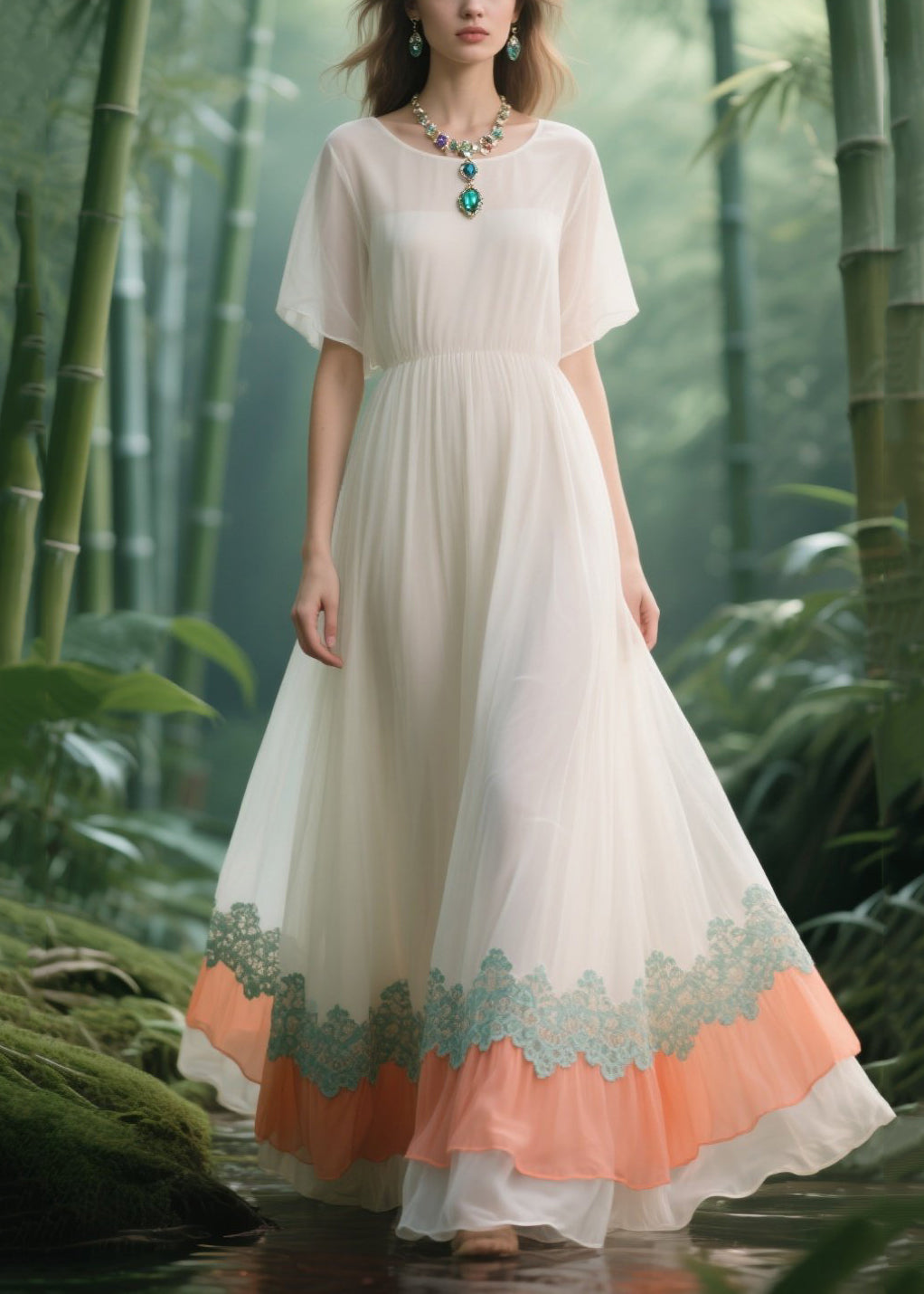 Italian White Lace Patchwork Draping Chiffon Vacation Dresses Summer