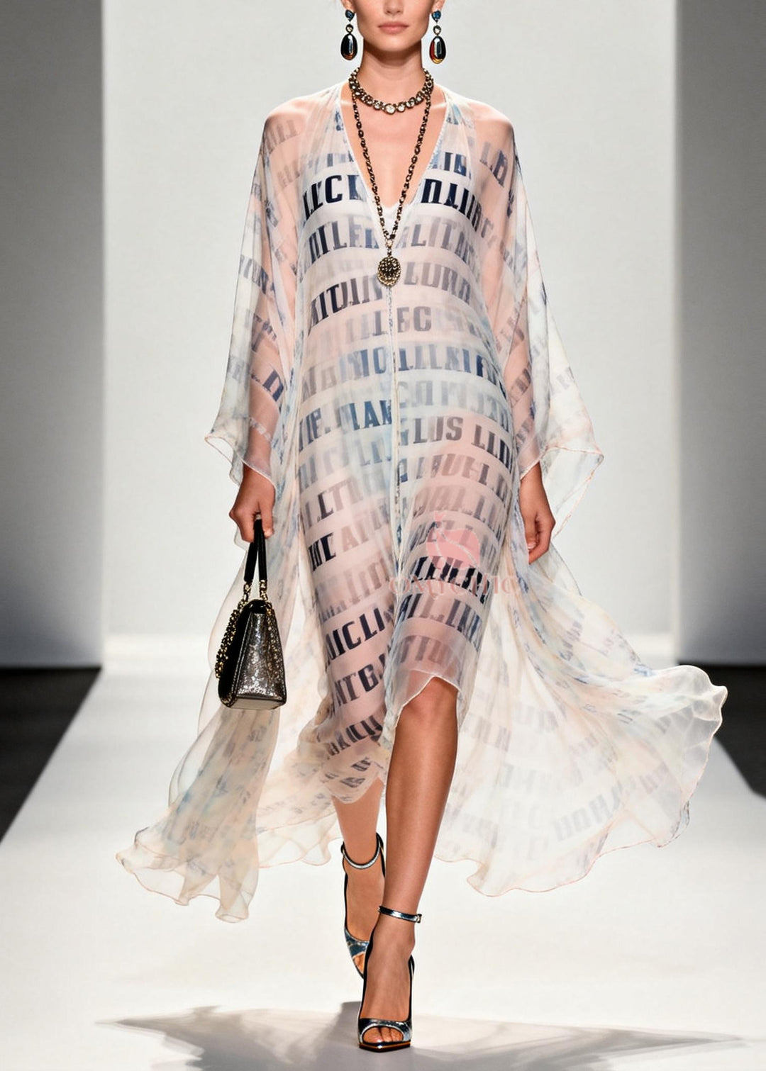 Italian White Letter Print Draping Chiffon Sheer Dress Summer