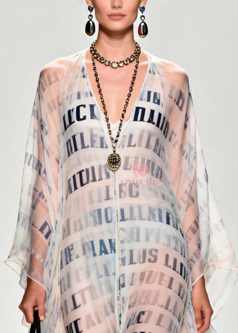 Italian White Letter Print Draping Chiffon Sheer Dress Summer