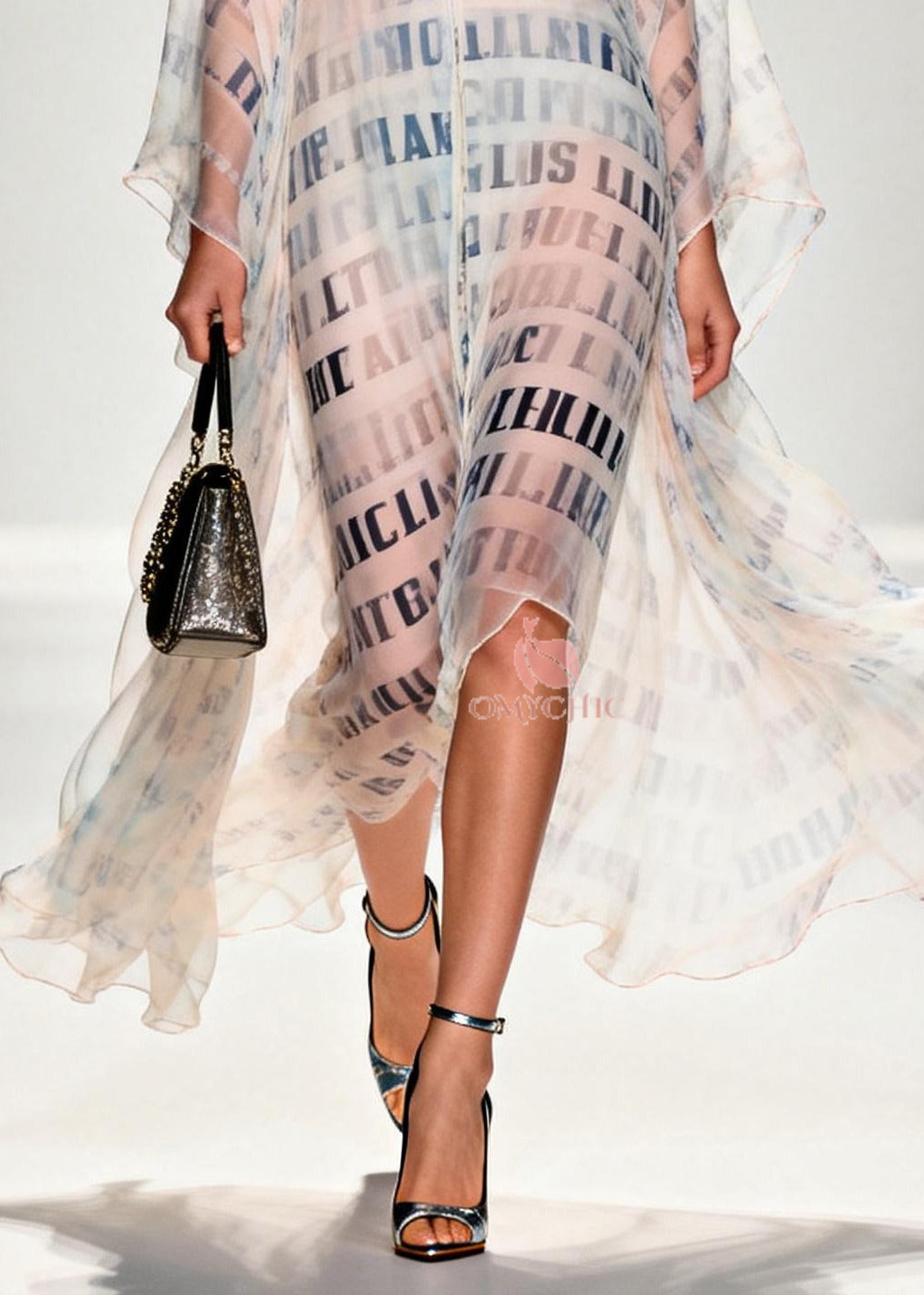 Italian White Letter Print Draping Chiffon Sheer Dress Summer