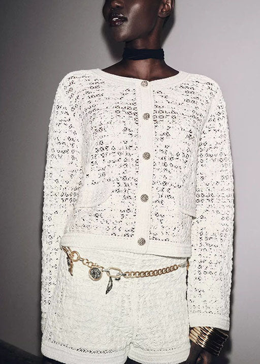 Italian White O Neck Button Hollow Out Cotton Short Coat Fall