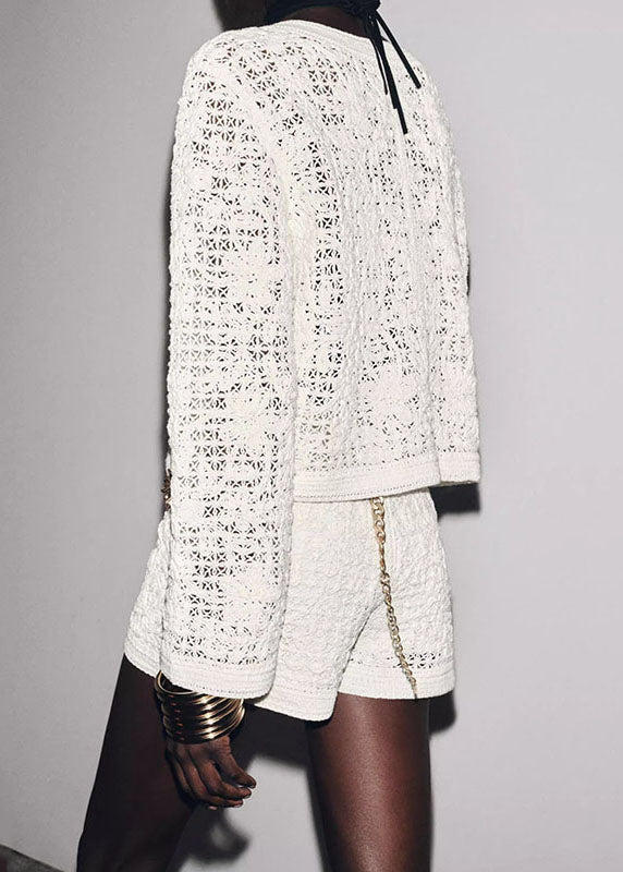 Italian White O Neck Button Hollow Out Cotton Short Coat Fall